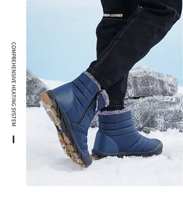Detail of warm faux fur lining and metal zipper on men's waterproof winter snow boots