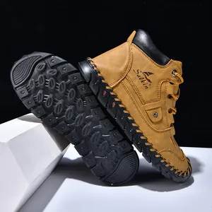 Detail of Salkin leather boots showing heavy-duty stitching and rugged anti-slip soles
