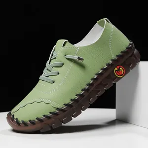 Litchi pattern green leather casual men's loafers with handmade stitching and rubber sole