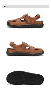 Detailed views of brown leather men's sandals showing hand-stitched seams and non-slip sole