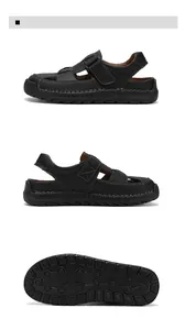 Detail of men's leather sandals showing hand-stitched seams and non-slip rubber soles