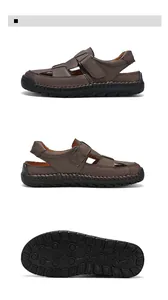 Close-up of brown leather men's sandals featuring hand-stitched seams and anti-slip rubber soles