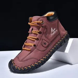 Red-brown men's casual high-top leather work boots with thick rubber soles and stitching