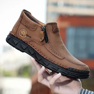 Herren-Martin-Stiefel aus braunem Leder mit Reißverschluss und robuster Gummisohle