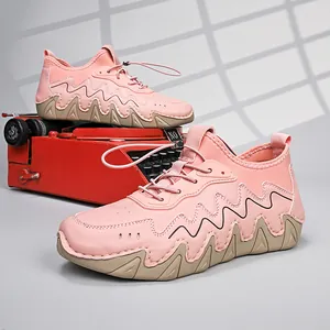 Detailed side view of pink casual shoe with elastic cord and retro typewriter backdrop
