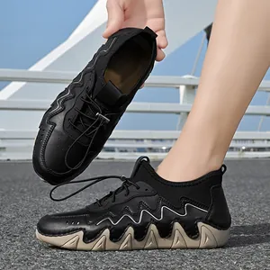 Men outdoor sports shoes with black leather upper and thick yellow traction rubber soles