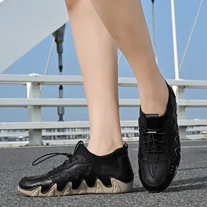Close-up of the anti-slip jagged sole and elastic lace system of the outdoor casual shoe