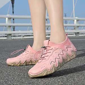 Pink outdoor leisure shoes for women with wavy stitching and anti-slip rubber soles