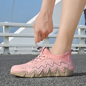 Pink women's outdoor leisure sneakers with wavy stitching and rugged rubber soles