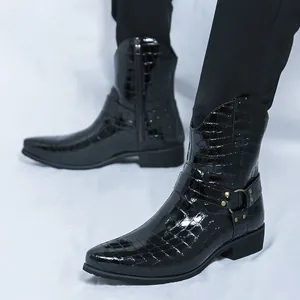 Men's black embossed leather boots with side zipper and metal ring harness buckle