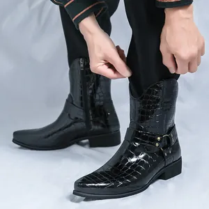 Men's retro crocodile embossed leather boots with side zipper and metal rivet details