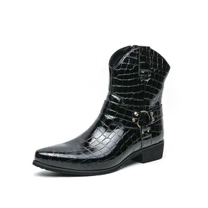 Men's retro crocodile embossed leather ankle boots with metal buckle and side zipper