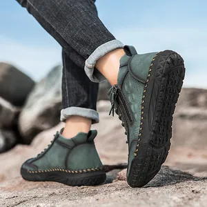 Macro side view of outdoor hiking boots with side zipper and thick non-slip rubber sole