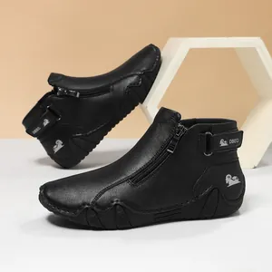 Botas casuales de cuero negro para hombre con cremallera lateral y suelas de goma antideslizantes