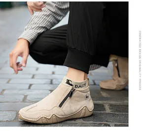 Detailansicht khaki Lederstiefel mit Reißverschluss, elastischem Schaft und Sohle