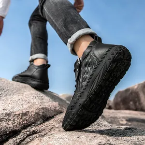 Men's black leather hiking boots with side zipper and thick non-slip rubber sole