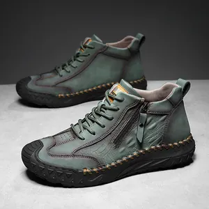 Men's Outdoor Hiking Climbing Shoes Rugged PU Leather Boots Side Zip Lacing Non-slip Casual Tourism Walking Shoes