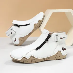 Zapatillas altas de cuero blanco para mujer con cremallera lateral y suela gruesa caqui