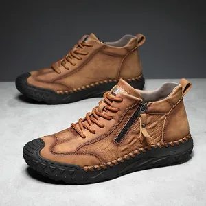 Men's retro dark brown leather boots with crocodile embossed texture and non-slip rubber soles