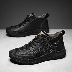 Men's black leather high-top outdoor hiking boots with side zipper and crocodile texture