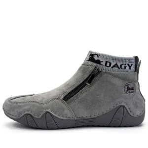 Herren Retro Lederstiefel in Grau mit seitlichem Reißverschluss und Strickkragen