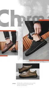 Détails des coutures faites main sur mocassins en cuir pour hommes en noir, marron et beige