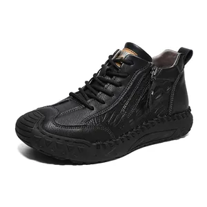 Black men's casual mid-top leather shoes with lychee pattern and side zipper