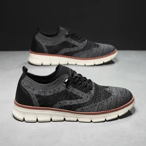 British style men's breathable flyknit running shoes with thick white soles