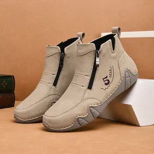 Women Casual Microfiber Leather Ankle Boots Hand Stitched Side Zipper Round Toe Flat Walking Shoes Vintage Design