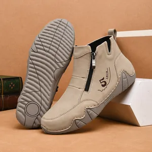 Khaki casual boots for men with leather side zipper and slip-resistant rubber soles