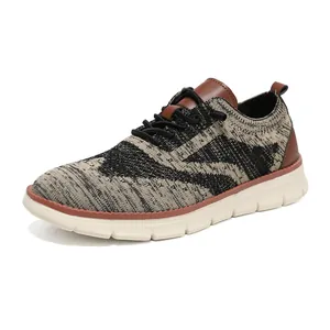 British style men's breathable knit running shoes with thick sole in beige and black