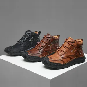 Bottines décontractées pour hommes en cuir noir et marron avec coutures faites à la main