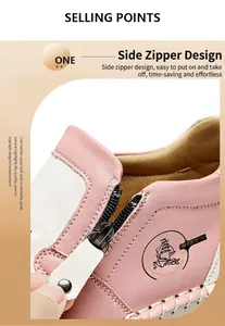 Détail d'une botte en cuir de vachette rose et blanc avec fermeture éclair et surpiqûres