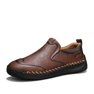 Mocassins en Cuir Microfibre pour Hommes Cousus Main Décontractés à Enfiler Semelle Souple Business Vintage Chaussures Plates
