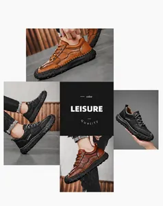Detail of handcrafted stitching on leather casual shoes with non-slip thick rubber soles