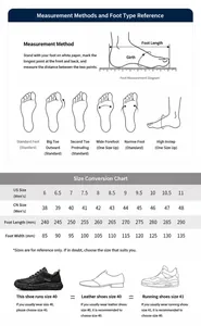 Detailed size guide for men's leather loafers showing measurement steps and foot types