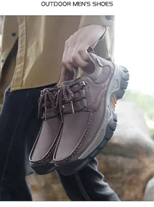 Detail of outdoor men's shoe featuring dark brown nubuck leather and rugged anti-slip sole