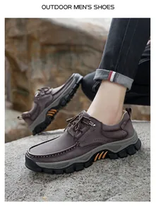 Macro view of dark brown leather outdoor shoe featuring reinforced rubber sole and stitching