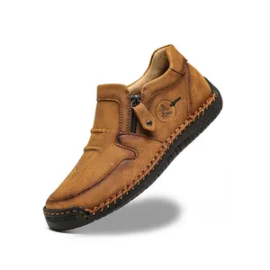 Bottines Décontractées en Cuir de Vachette pour Femmes Cousues Main Bloc de Couleur Fermeture Éclair Latérale Semelle Gomme