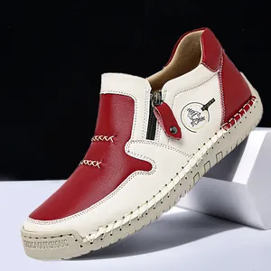 Chaussures décontractées en cuir rouge et blanc avec fermeture éclair et surpiqûres