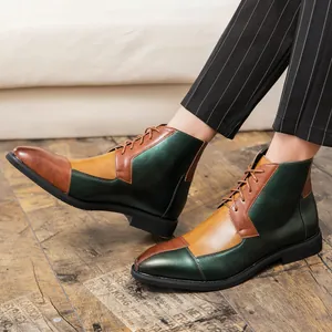 Stivali stringati da uomo in pelle bicolore verde e marrone, stile retrò britannico