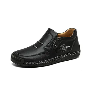 Bottines décontractées pour hommes en cuir noir avec fermeture éclair et semelle gomme