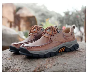 Close-up of brown leather outdoor shoes with durable non-slip sole and lace-up design