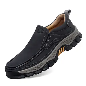 Men's black slip-on leather shoes with thick non-slip soles and orange side stripes