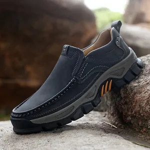 Men's outdoor casual leather shoes in dark grey featuring thick non-slip rubber soles