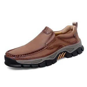 Brown slip-on men's leather leisure shoes with thick rubber outsole and dual stitching