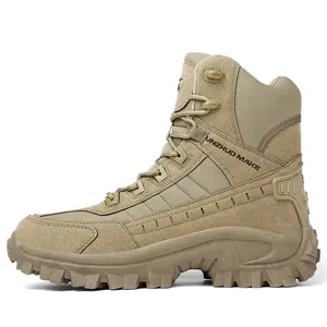 Detail of high-top hiking boot with tan suede texture and durable non-slip rubber sole