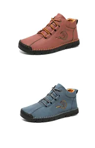 Detailed comparison of brown and blue leather casual boots with manual stitching
