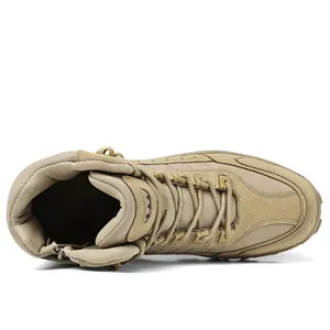 Top view of OKIY outdoor boots showing side zipper, metal eyelets, and tan suede material