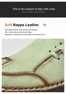 Detailopname van zacht groen rundleer en gele stiksels op handgemaakte herenschoenen